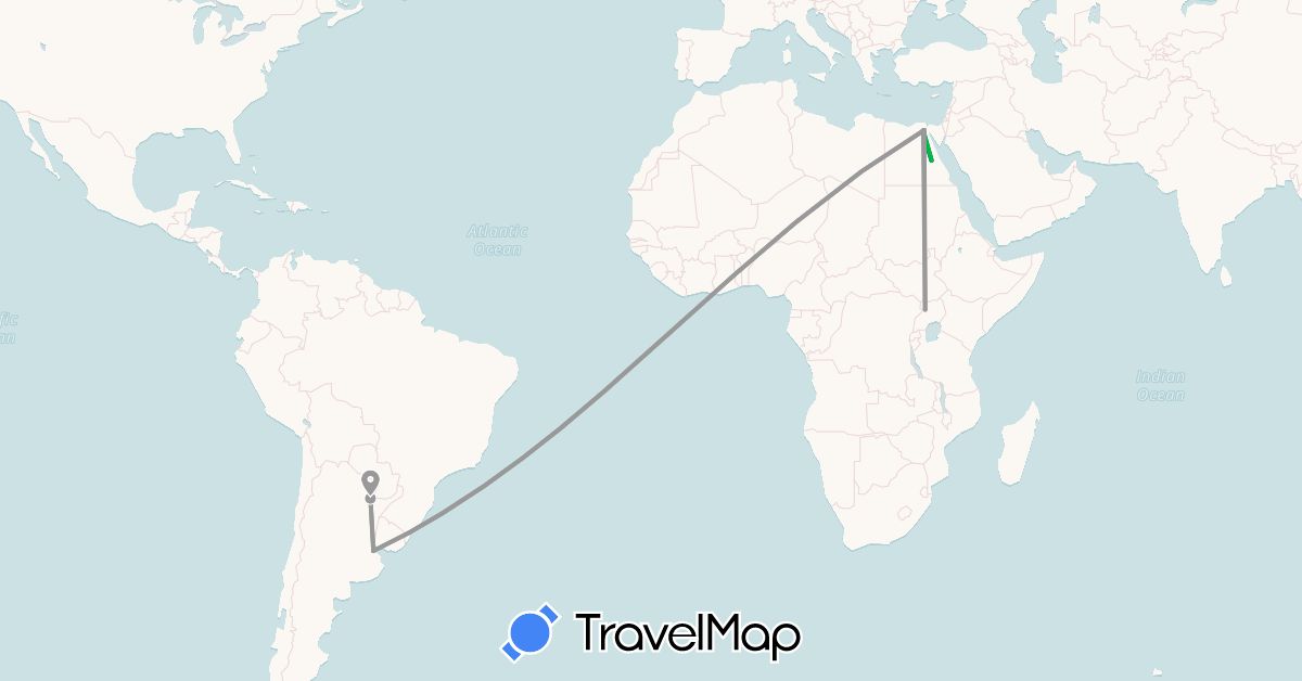 TravelMap itinerary: driving, bus, plane in Argentina, Egypt, Uganda (Africa, South America)